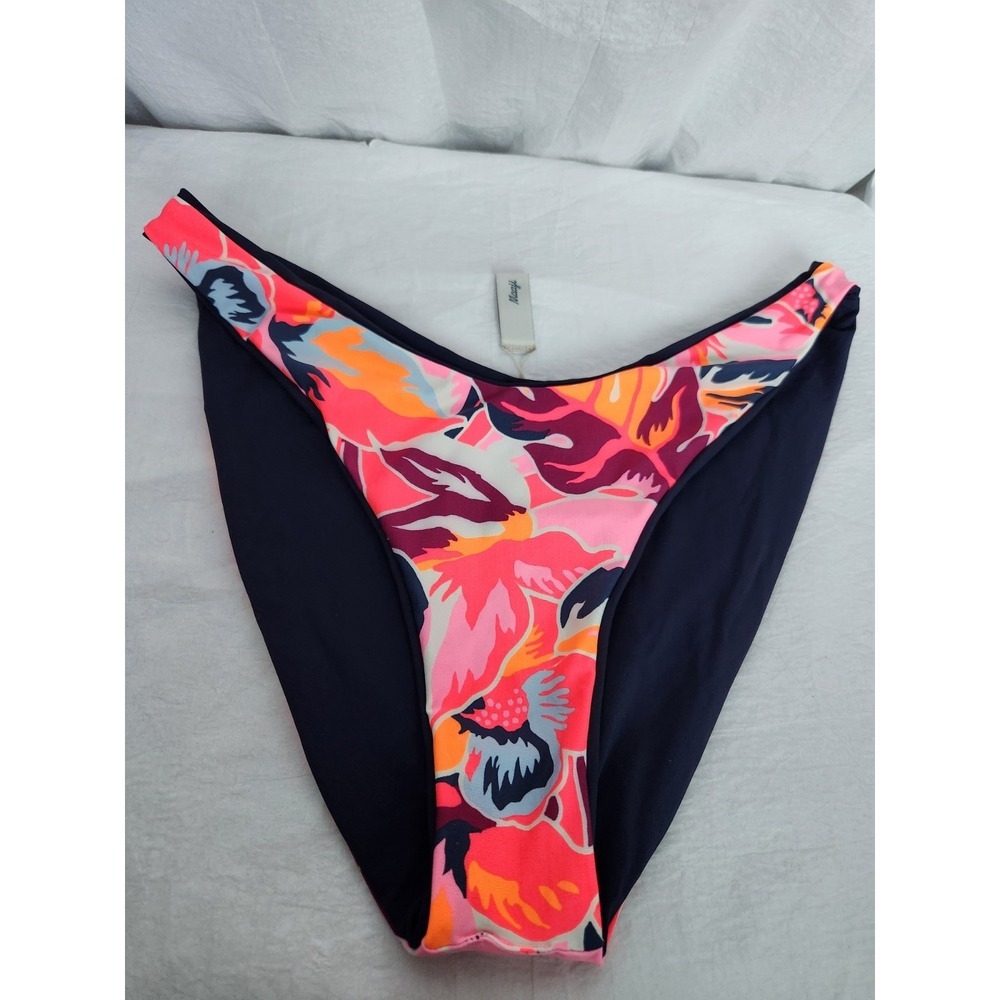 New Maaji Bikini Bottom Womens Large Navy Blue Reversible Floral Print Swimwear